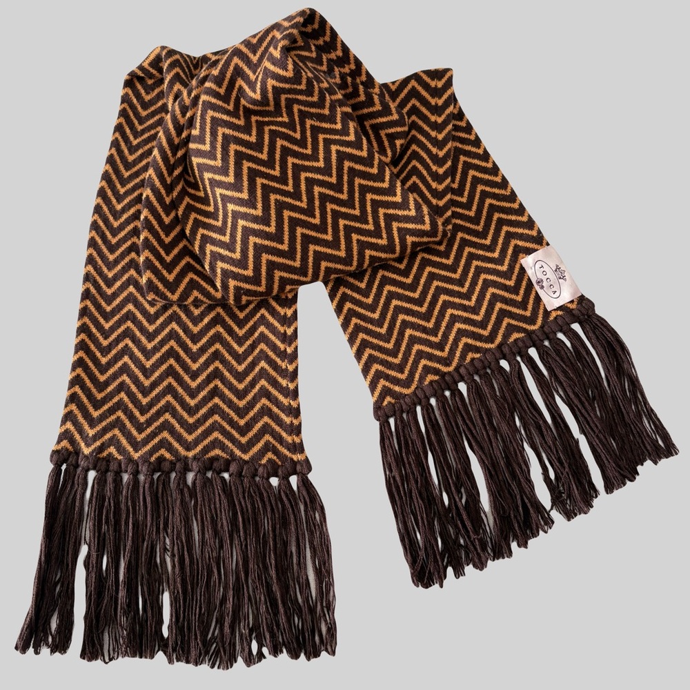 1990s TOCCA Cashmere Knit Scarf Brown‎ / Gold Chevron Fringe Trim Unisex